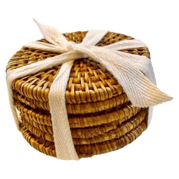 Woven Coasters Wicker Rattan Boho Bohemian 4" Across Set of 6 - Picture 1 of 10